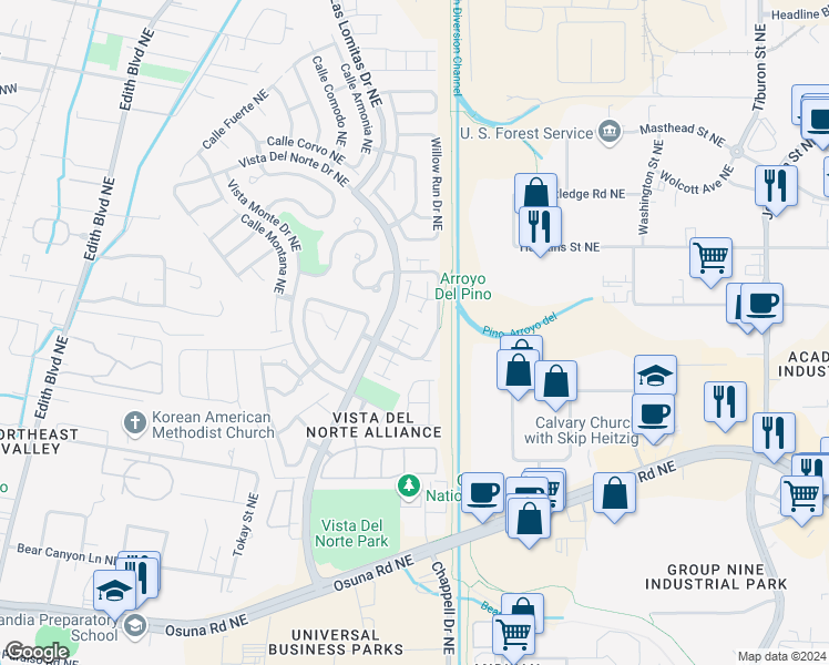 map of restaurants, bars, coffee shops, grocery stores, and more near 1404 Villa Candela Northeast in Albuquerque