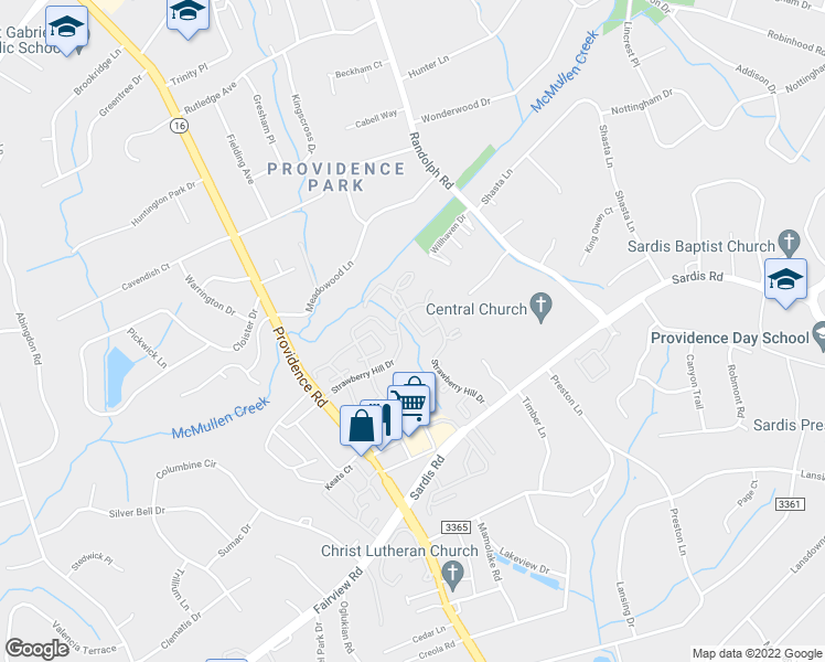 map of restaurants, bars, coffee shops, grocery stores, and more near 5112 Strawberry Hill Drive in Charlotte