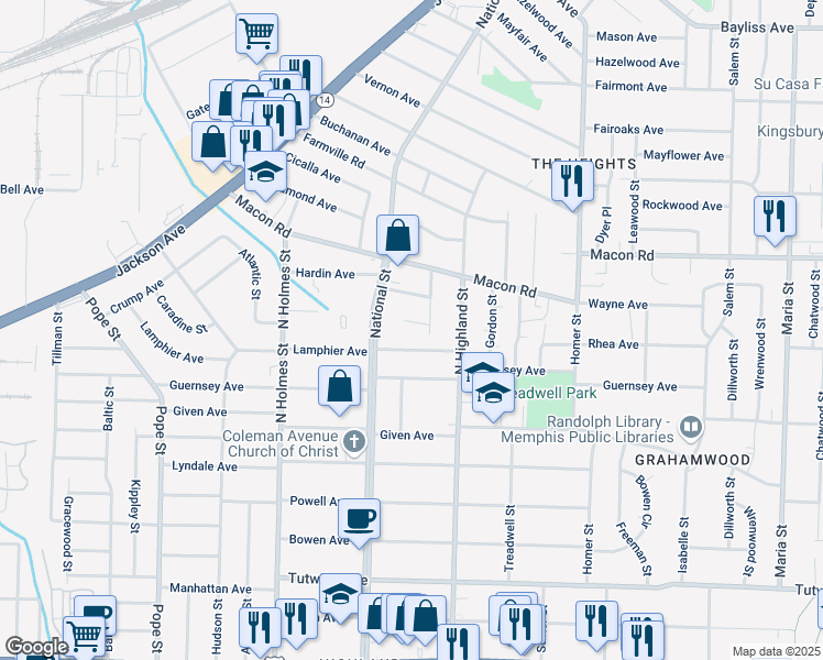 map of restaurants, bars, coffee shops, grocery stores, and more near 3439 Henry Ave in Memphis