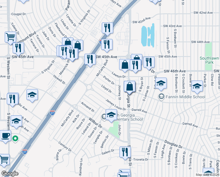 map of restaurants, bars, coffee shops, grocery stores, and more near 2818 Lloyd Drive in Amarillo