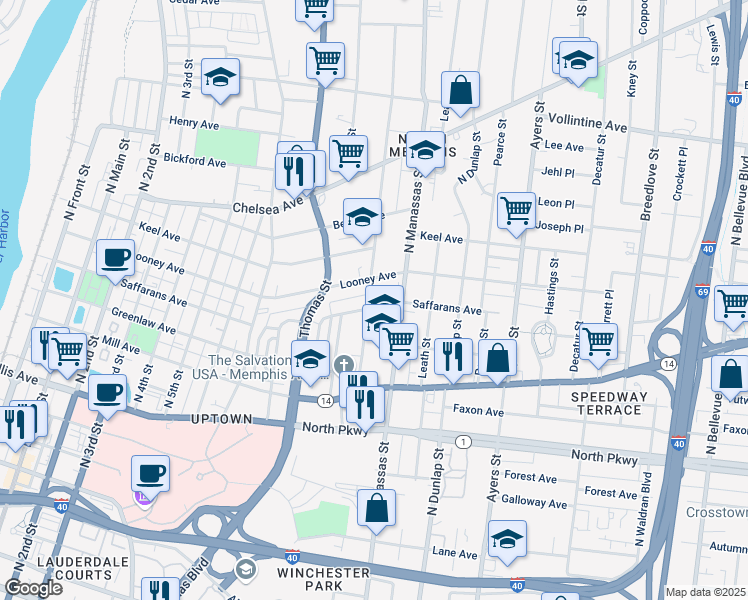 map of restaurants, bars, coffee shops, grocery stores, and more near 701 Woodlawn Street in Memphis