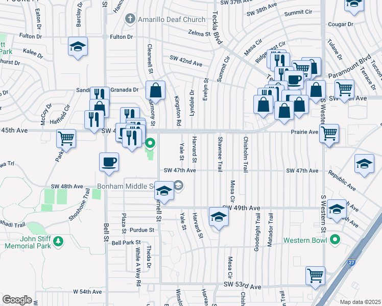 map of restaurants, bars, coffee shops, grocery stores, and more near 4512 Harvard Street in Amarillo