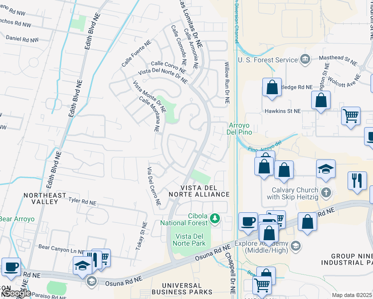map of restaurants, bars, coffee shops, grocery stores, and more near 7116 Santa Rita Place Northeast in Albuquerque