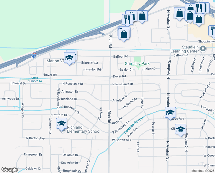 map of restaurants, bars, coffee shops, grocery stores, and more near 1114 Rich Road in West Memphis