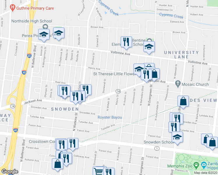 map of restaurants, bars, coffee shops, grocery stores, and more near 785 North Willett Street in Memphis