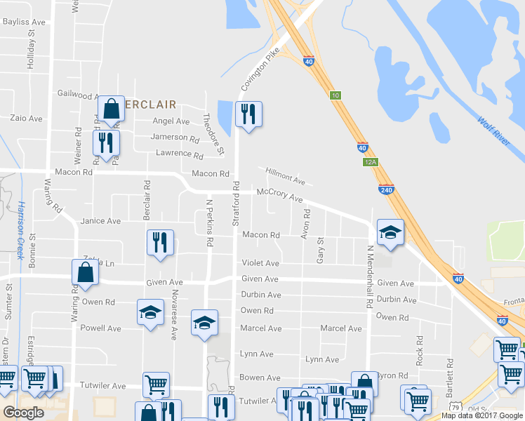 map of restaurants, bars, coffee shops, grocery stores, and more near 1061 Dora Cove in Memphis