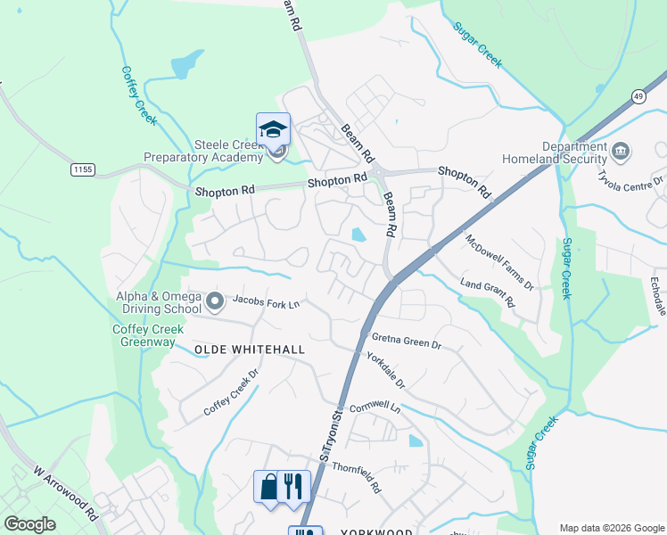 map of restaurants, bars, coffee shops, grocery stores, and more near 7345 Adare Mews Road in Charlotte