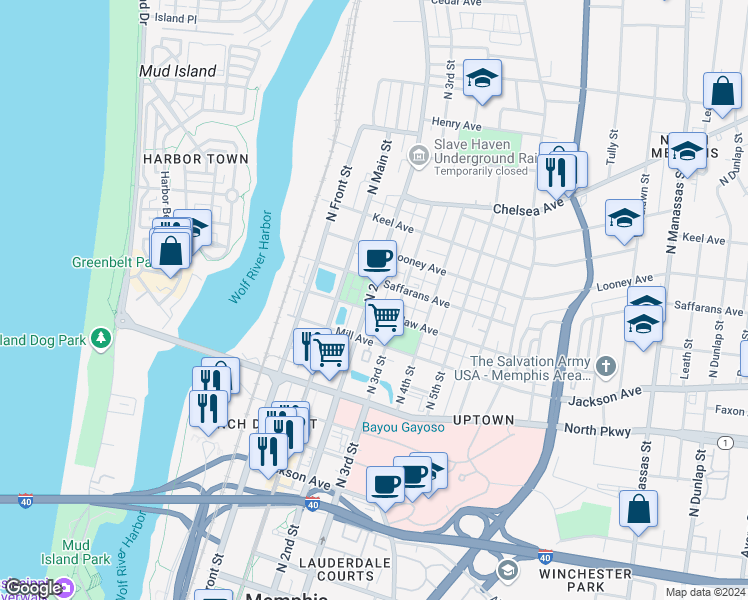 map of restaurants, bars, coffee shops, grocery stores, and more near 582 North 2nd Street in Memphis