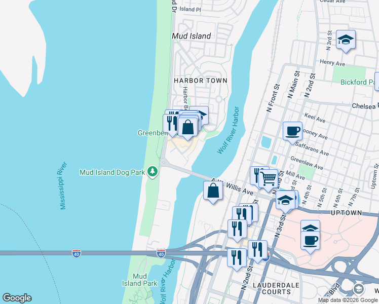 map of restaurants, bars, coffee shops, grocery stores, and more near 1 Harbor Bend Road in Memphis