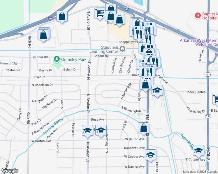 map of restaurants, bars, coffee shops, grocery stores, and more near 326 North Worthington Drive in West Memphis