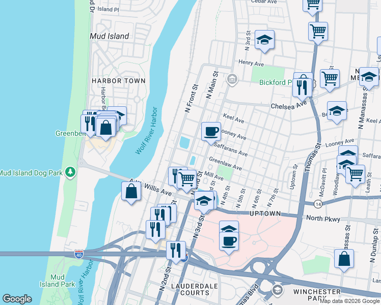 map of restaurants, bars, coffee shops, grocery stores, and more near 101 Greenlaw Avenue in Memphis
