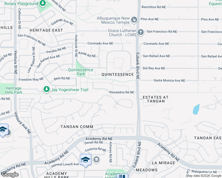 map of restaurants, bars, coffee shops, grocery stores, and more near 10128 Irbid Road Northeast in Albuquerque