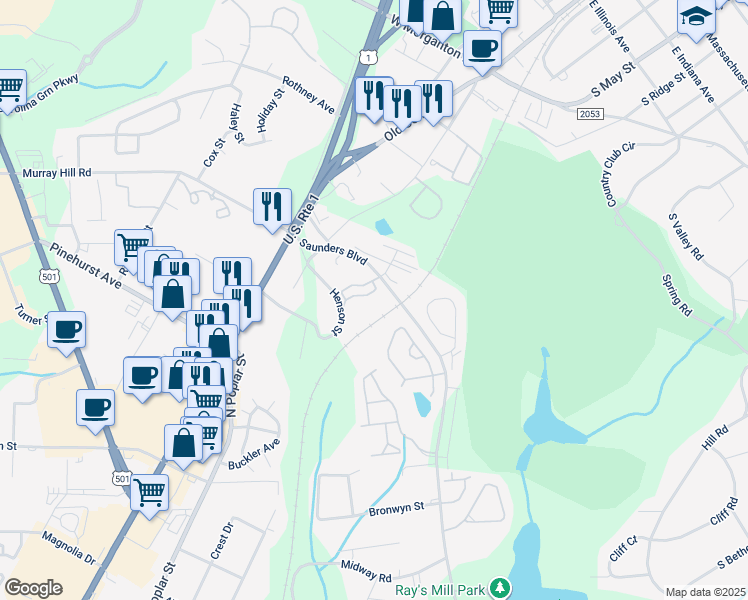 map of restaurants, bars, coffee shops, grocery stores, and more near 203 Austin Ridge Circle in Southern Pines