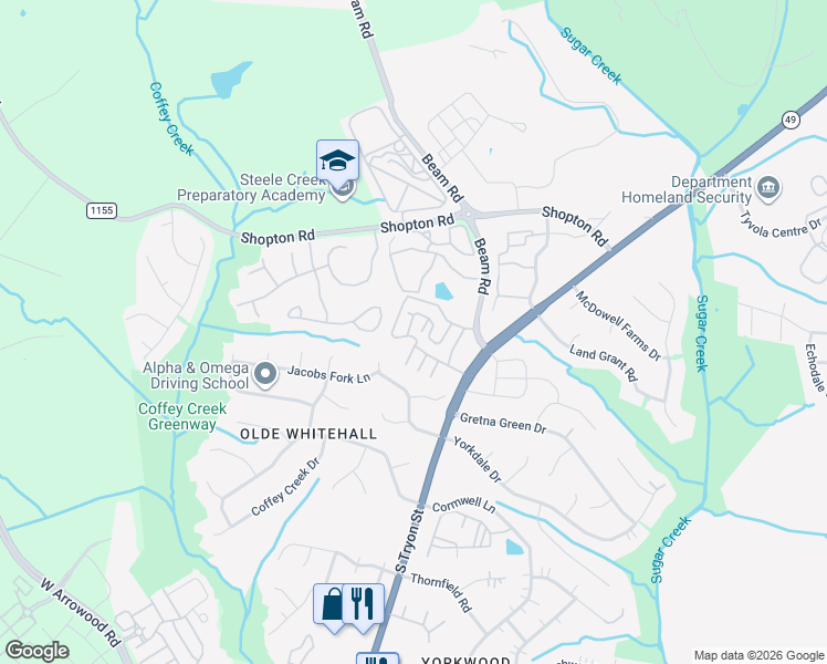 map of restaurants, bars, coffee shops, grocery stores, and more near 7345 Adare Mews Road in Charlotte