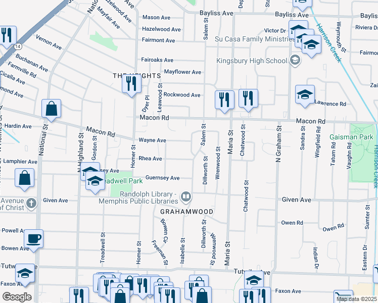 map of restaurants, bars, coffee shops, grocery stores, and more near 3752 Rhea Avenue in Memphis
