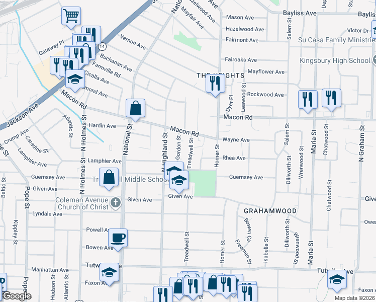 map of restaurants, bars, coffee shops, grocery stores, and more near 1030 Treadwell Street in Memphis