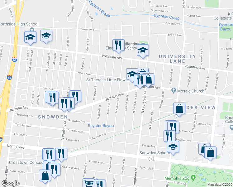 map of restaurants, bars, coffee shops, grocery stores, and more near 1607 Tennessee 14 in Memphis