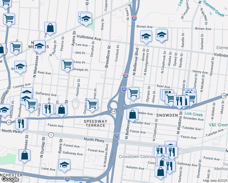 map of restaurants, bars, coffee shops, grocery stores, and more near 744 Crockett Place in Memphis