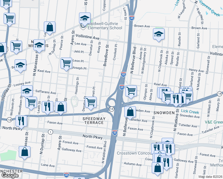 map of restaurants, bars, coffee shops, grocery stores, and more near 744 Crockett Place in Memphis