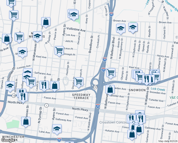 map of restaurants, bars, coffee shops, grocery stores, and more near 748 Breedlove Street in Memphis