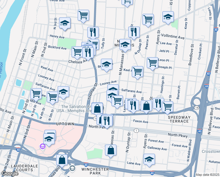 map of restaurants, bars, coffee shops, grocery stores, and more near 701 Woodlawn Street in Memphis