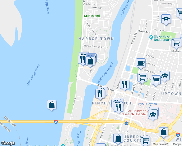map of restaurants, bars, coffee shops, grocery stores, and more near 1 Harbor Bend Road in Memphis