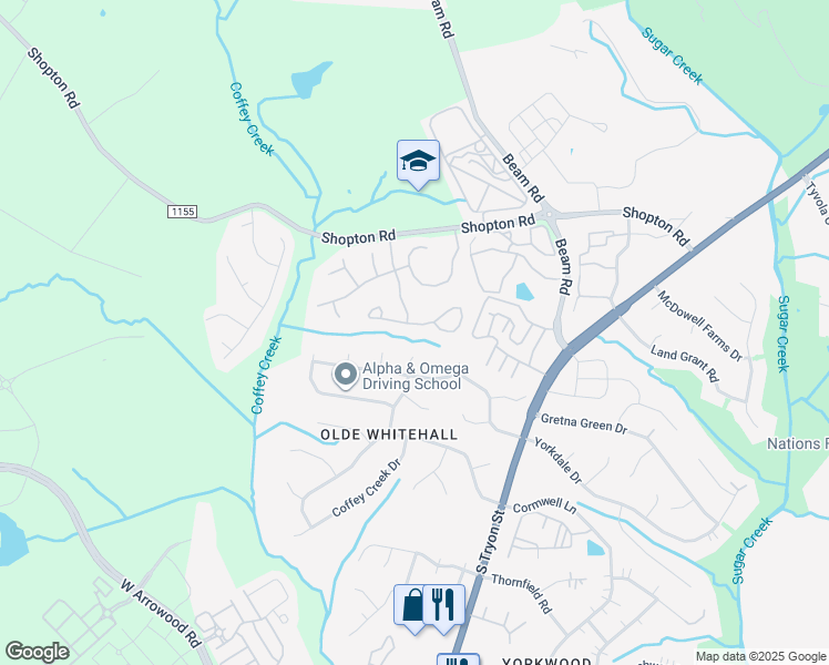 map of restaurants, bars, coffee shops, grocery stores, and more near 2143 Aston Mill Place in Charlotte