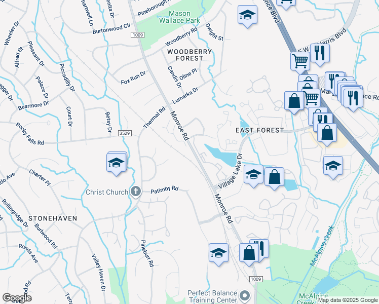 map of restaurants, bars, coffee shops, grocery stores, and more near 8022 Princess Ann Drive in Charlotte