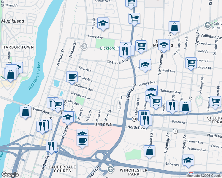 map of restaurants, bars, coffee shops, grocery stores, and more near 313 Looney Avenue in Memphis