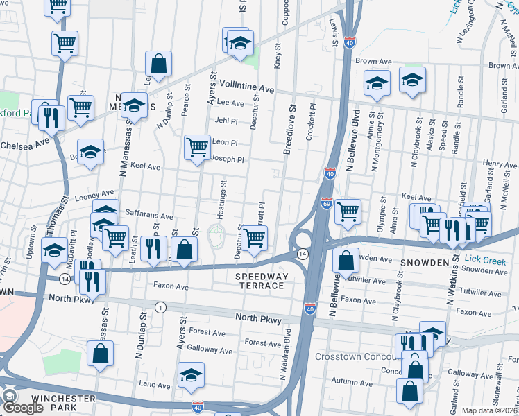 map of restaurants, bars, coffee shops, grocery stores, and more near 1023 Looney Avenue in Memphis