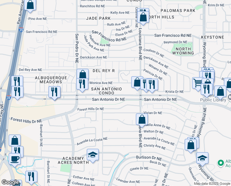 map of restaurants, bars, coffee shops, grocery stores, and more near 6501 San Antonio Drive Northeast in Albuquerque