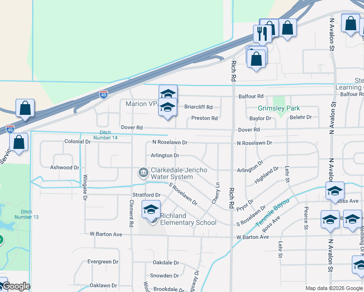 map of restaurants, bars, coffee shops, grocery stores, and more near 1109 Crestmere Street in West Memphis