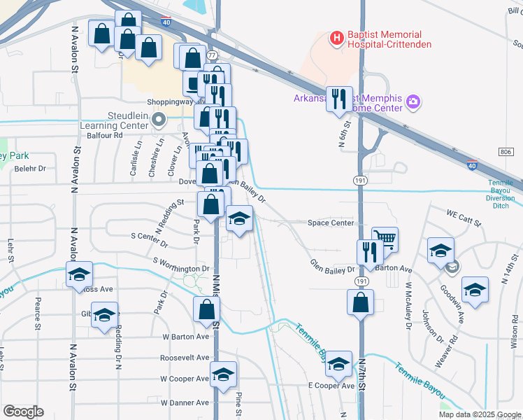map of restaurants, bars, coffee shops, grocery stores, and more near 301 Glen Bailey Drive in West Memphis