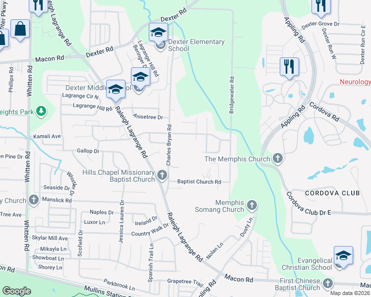 map of restaurants, bars, coffee shops, grocery stores, and more near 1270 Charles Bryan Road in Shelby County