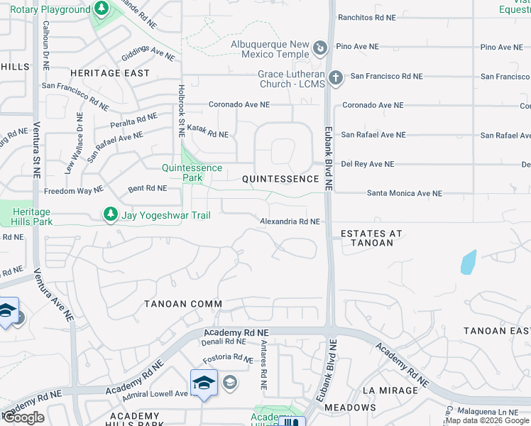 map of restaurants, bars, coffee shops, grocery stores, and more near 10128 Irbid Road Northeast in Albuquerque