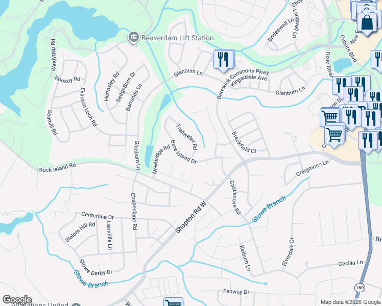 map of restaurants, bars, coffee shops, grocery stores, and more near 5909 Trailwater Road in Charlotte