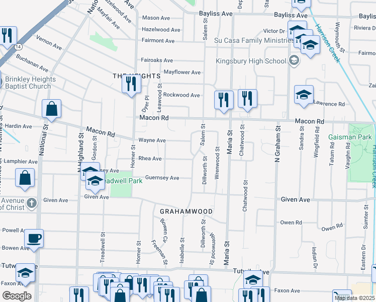 map of restaurants, bars, coffee shops, grocery stores, and more near 3752 Rhea Avenue in Memphis