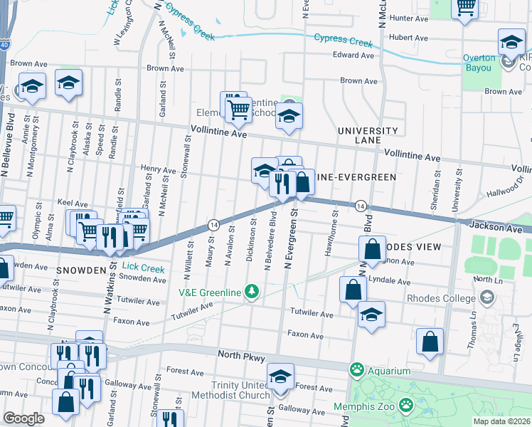 map of restaurants, bars, coffee shops, grocery stores, and more near 1659 Jackson Avenue in Memphis