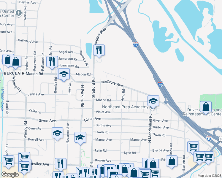 map of restaurants, bars, coffee shops, grocery stores, and more near 1061 Dora Cove in Memphis