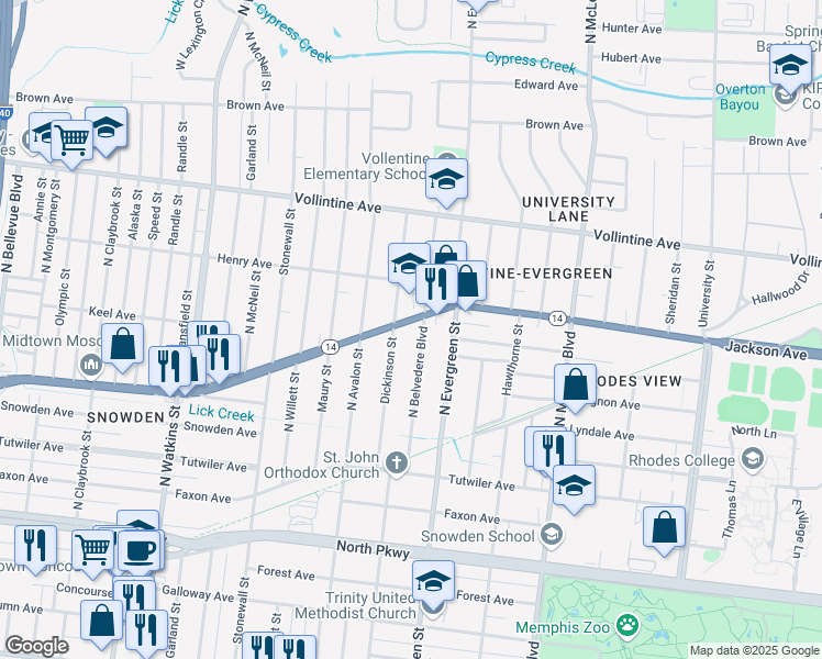 map of restaurants, bars, coffee shops, grocery stores, and more near 1649 Jackson Avenue in Memphis