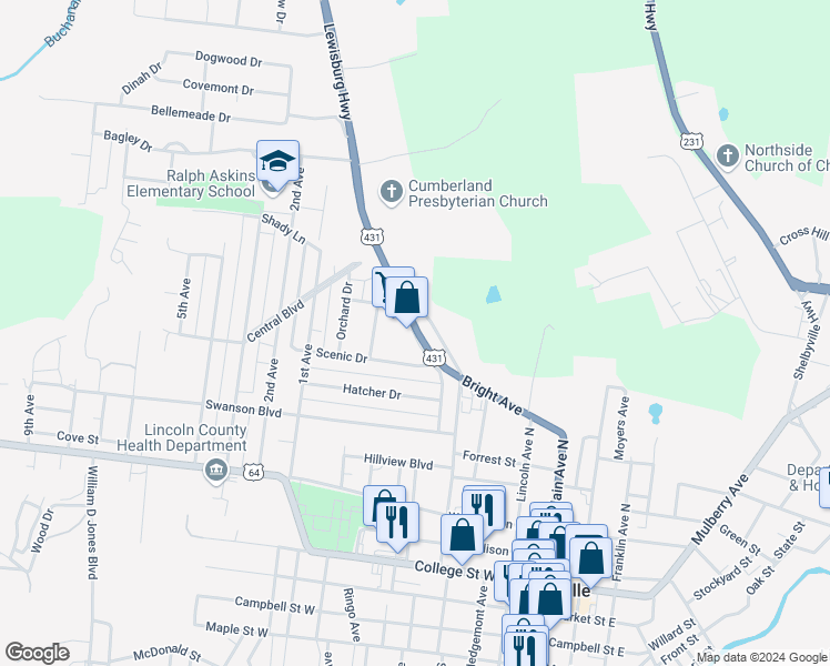 map of restaurants, bars, coffee shops, grocery stores, and more near 706 Tennessee 50 in Fayetteville