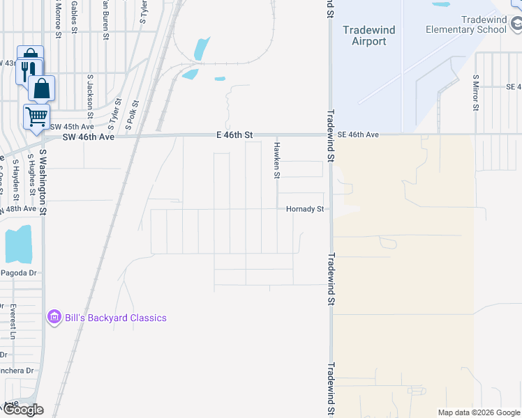 map of restaurants, bars, coffee shops, grocery stores, and more near Hornady Street in Amarillo