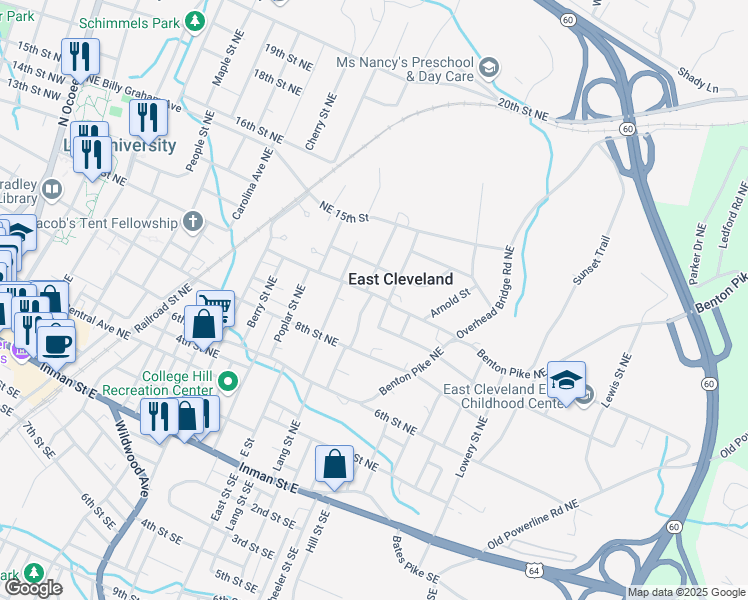 map of restaurants, bars, coffee shops, grocery stores, and more near 1060 Craigmiles Street Northeast in Cleveland