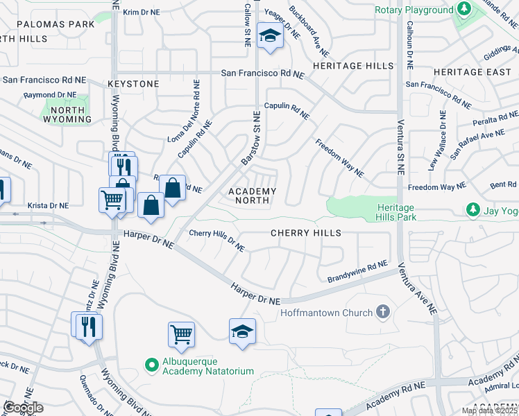map of restaurants, bars, coffee shops, grocery stores, and more near 8400 Parrot Run Road Northeast in Albuquerque