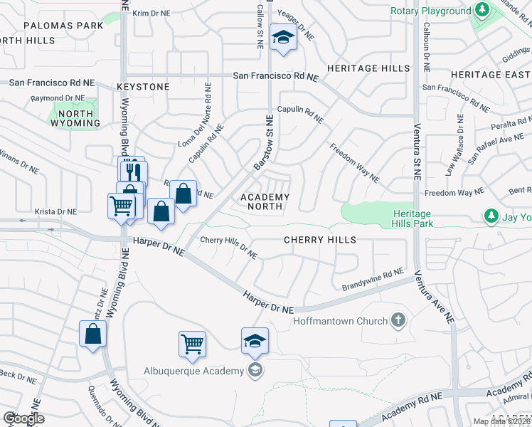 map of restaurants, bars, coffee shops, grocery stores, and more near 8400 Parrot Run Road Northeast in Albuquerque