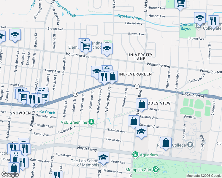 map of restaurants, bars, coffee shops, grocery stores, and more near 1740 Crump Avenue in Memphis