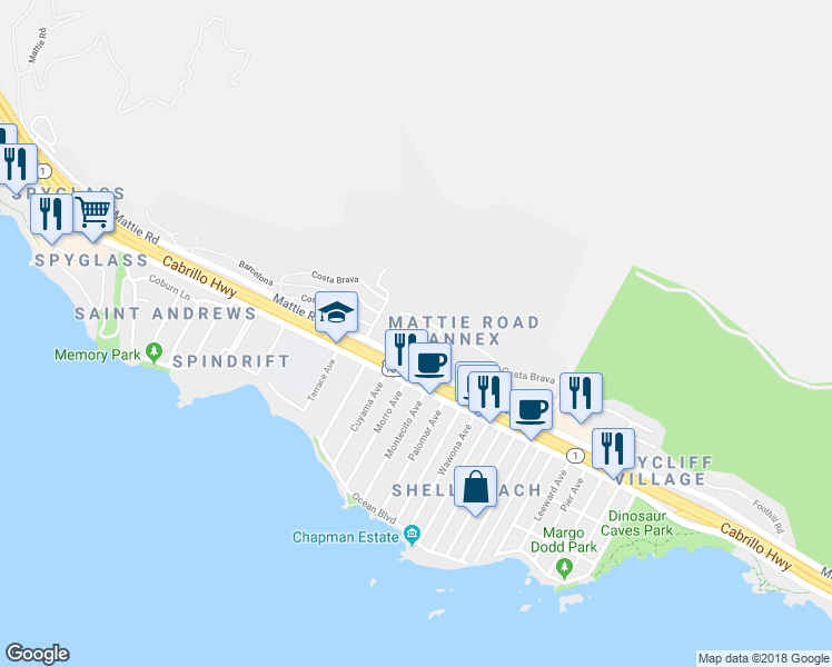 map of restaurants, bars, coffee shops, grocery stores, and more near 1609 Costa Del Sol in Pismo Beach