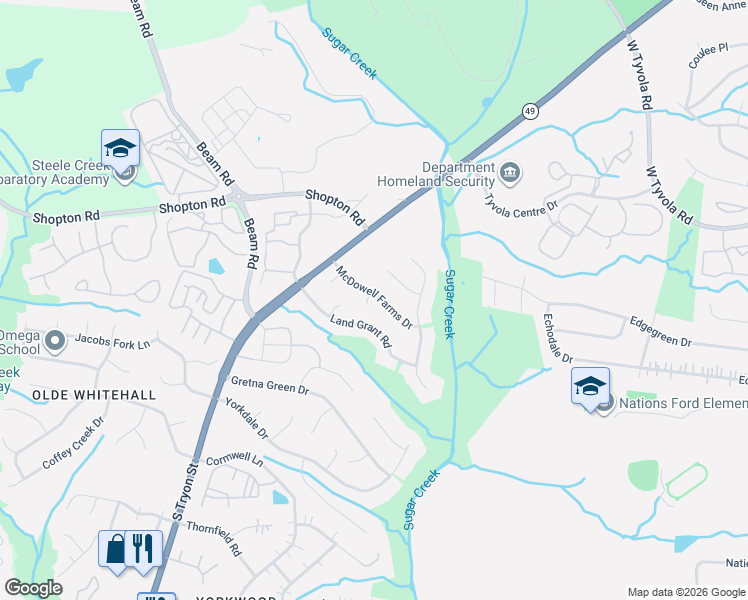 map of restaurants, bars, coffee shops, grocery stores, and more near 6612 Georgeanne Court in Charlotte