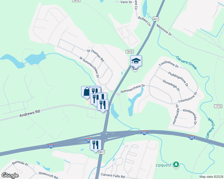 map of restaurants, bars, coffee shops, grocery stores, and more near 102 Summerchase Drive in Fayetteville