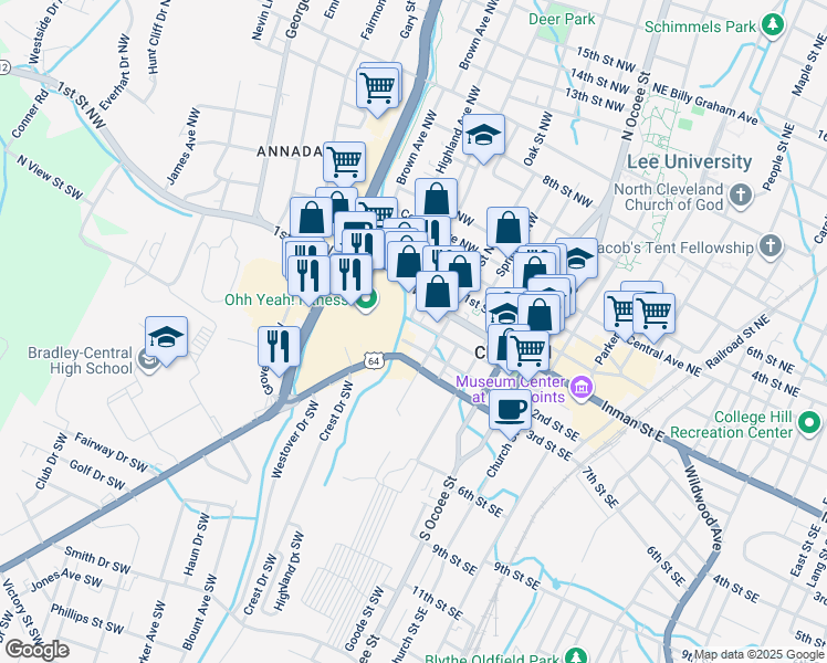 map of restaurants, bars, coffee shops, grocery stores, and more near 471 1st St SW in Cleveland